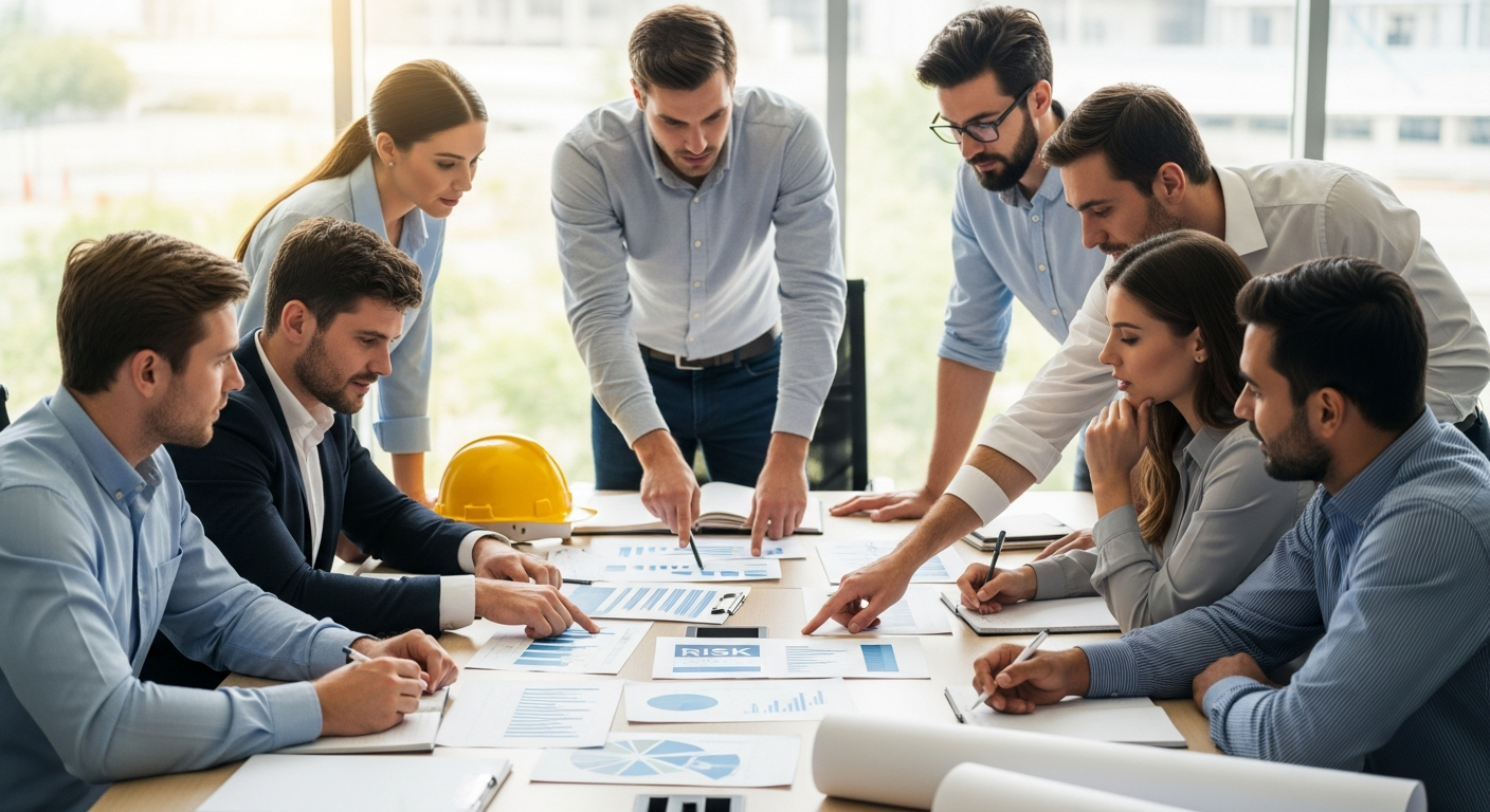 İSG uzmanları ve mühendisler toplantı masasında mevzuat incelerken