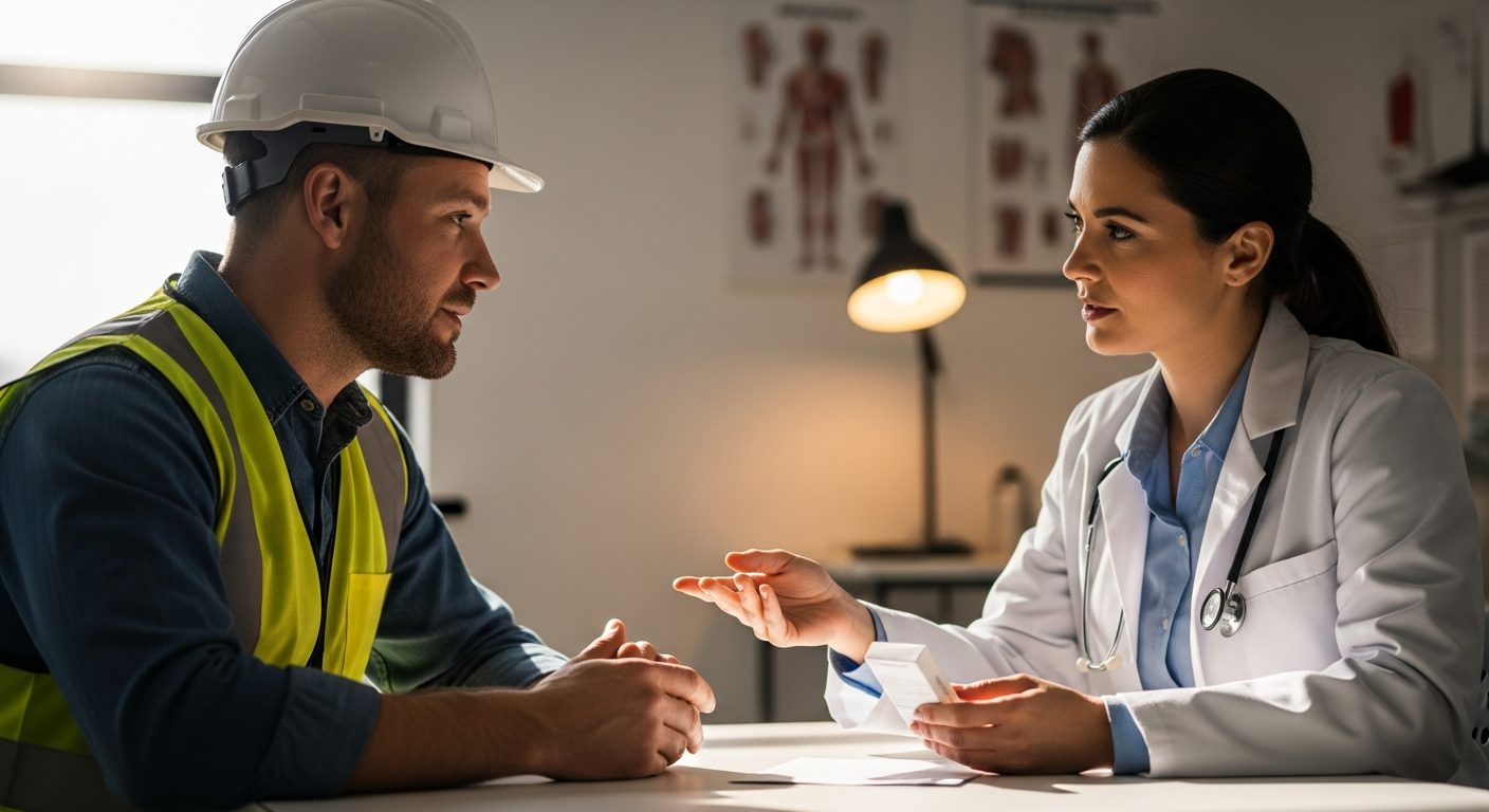 İşyeri revirinde ilaç ve reçete bilgilendirmesi yapan doktor ve çalışan