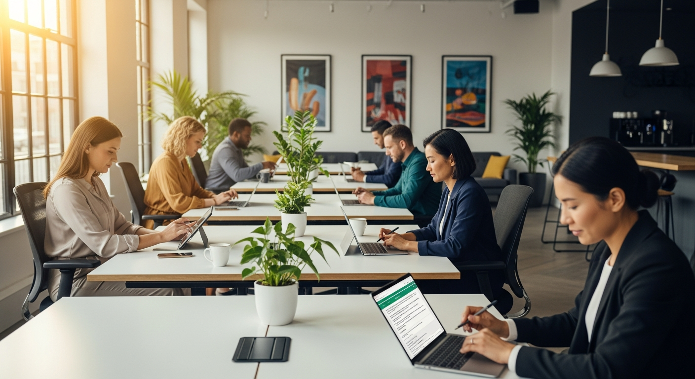 Ofis ortamında psikososyal risk değerlendirmesi anketi dolduran çalışanlar